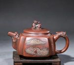 Nixing Clay Square Teapot, Pixiu Knob & Landscape Relief Carving
