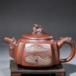 Nixing Clay Square Teapot, Pixiu Knob & Landscape Relief Carving